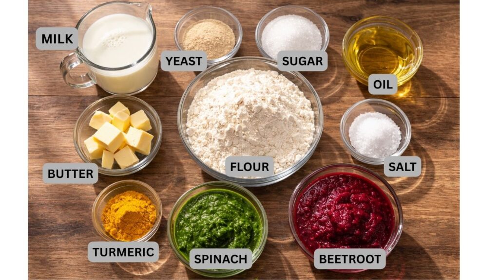All ingredients for homemade burger buns neatly arranged in clear glass bowls on a wooden kitchen table, including flour, milk, sugar, yeast, salt, butter, oil, turmeric, blended spinach, and blended beetroot, clean and natural overhead view