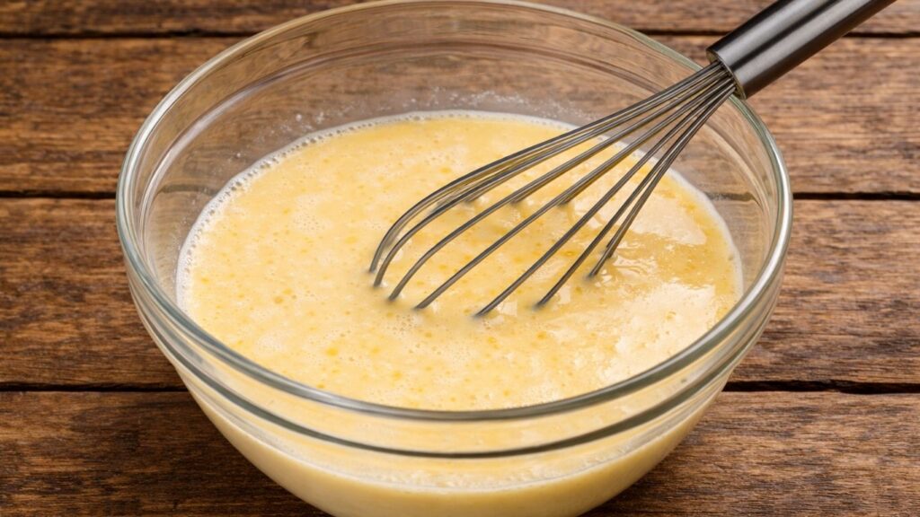 Soft and fluffy Hot Cross Buns – all wet ingredients whisked together in a clear glass bowl on a wooden table, with milk, eggs, melted butter and vanilla combined into a smooth, creamy mixture ready for mixing into the dough.