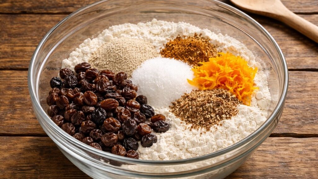 Soft and fluffy Hot Cross Buns – all dry ingredients prepared in a clear glass bowl on a wooden table, with flour as the base and sugar, salt, cinnamon, nutmeg, yeast and fresh orange zest placed on top, ready for mixing.