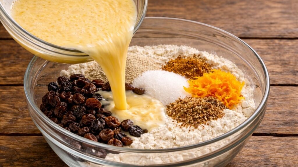 Soft and fluffy Hot Cross Buns – pouring the prepared wet ingredients into the bowl of dry ingredients, combining flour, sugar, yeast, spices and orange zest with the milk, egg and butter mixture to begin forming the dough.