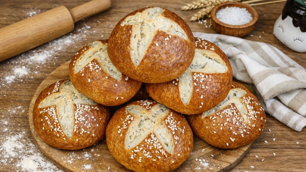 Freshly baked pretzel buns stacked on a wooden board, golden brown with a soft fluffy interior and a lightly crisp pretzel crust, topped with sesame seeds.