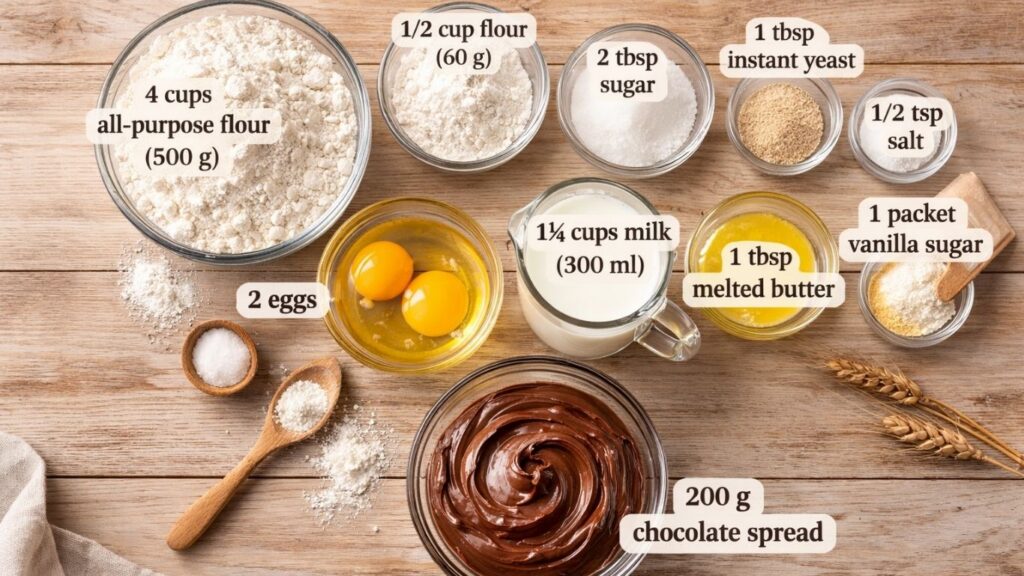 All ingredients for chocolate swirl buns in glass bowls on a dark wooden table, including flour, milk, sugar, yeast, butter, egg, vanilla and chocolate filling