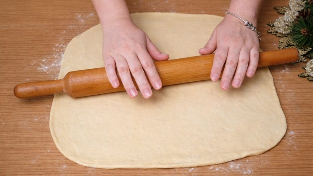 Dough on a wooden surface being rolled out with a rolling pin into a thin, even sheet, ready to be filled for chocolate swirl buns.