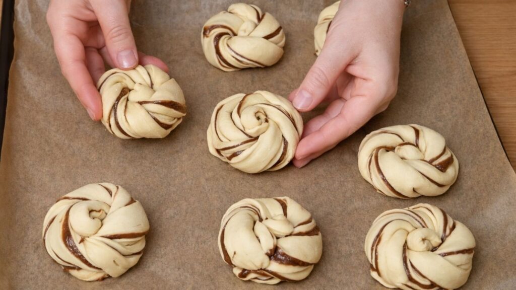 Arranging shaped chocolate swirl buns on a baking tray, spacing them evenly and preparing them for the final rise before baking.