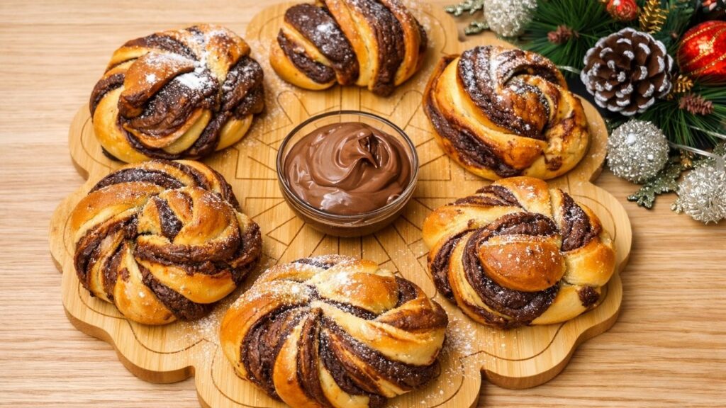 Chocolate swirl buns arranged in a circle on a dark wooden surface, golden brown and lightly dusted with powdered sugar, with a small bowl of rich chocolate spread placed in the center.
