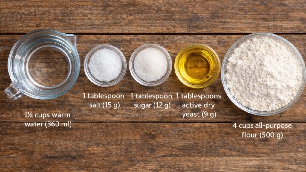 Basic ingredients for pretzel buns dough in glass bowls, including warm water, flour, yeast, sugar, salt and oil, arranged on a wooden surface, top view.