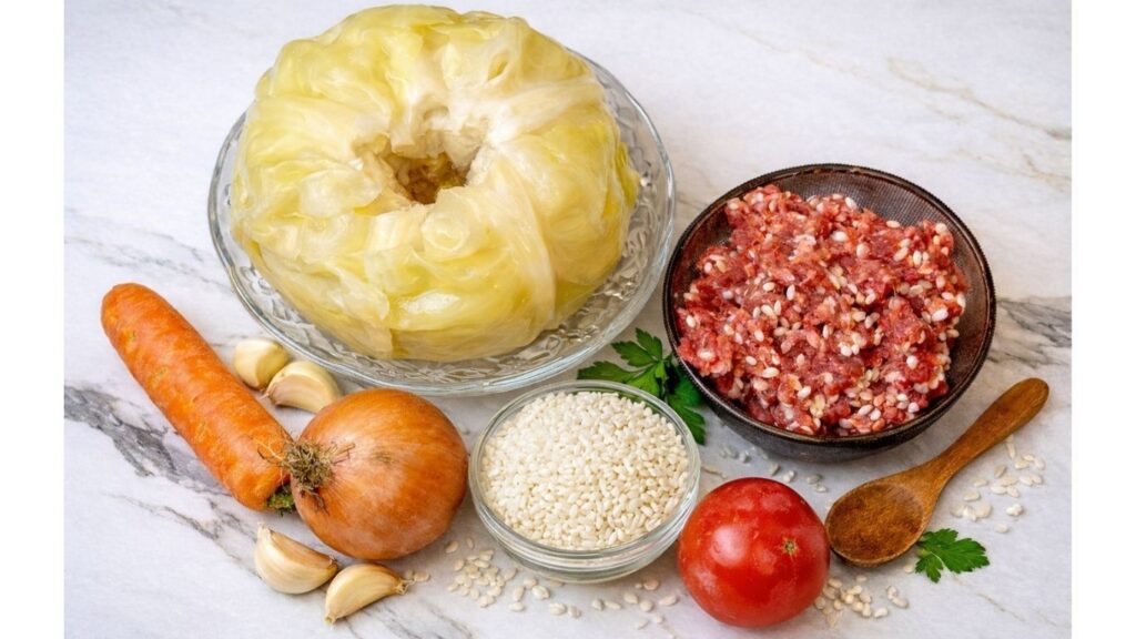 ingredients for stuffed cabbage rolls (sarma) filling arranged in bowls with ground meat, rice, carrot, onion, garlic, and spices ready for preparation
