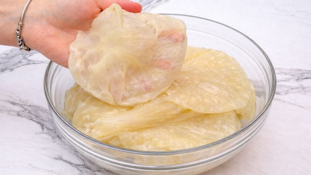 holding a prepared sour cabbage leaf trimmed and ready for filling, showing the correct shape and thickness for rolling stuffed cabbage rolls (sarma)