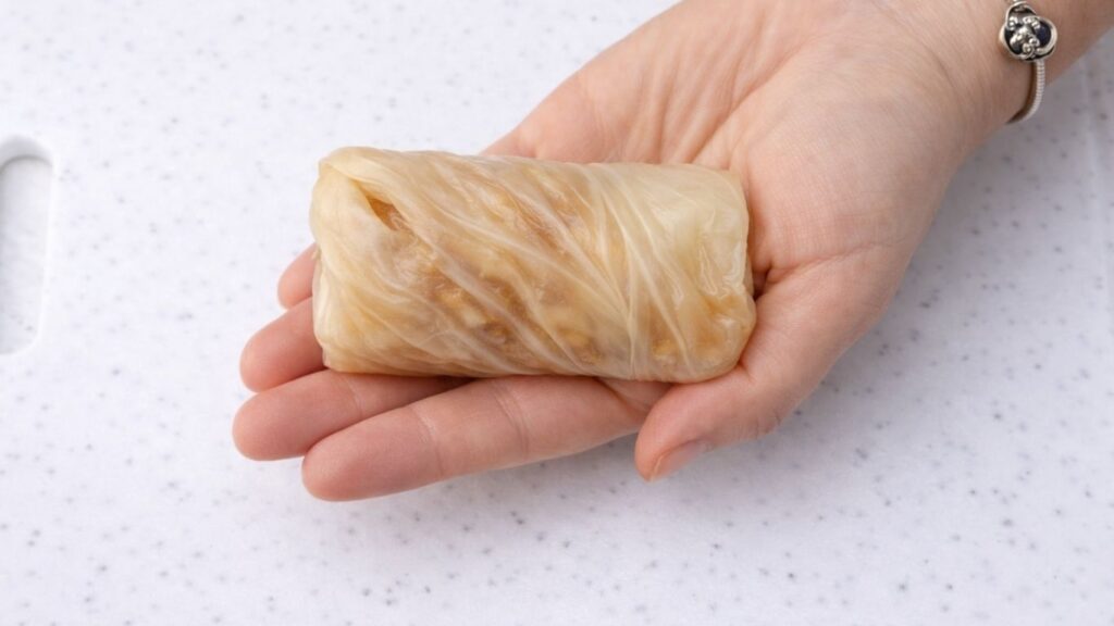 Holding a finished rolled sarma in the palm of the hand, showing a neatly shaped stuffed sour cabbage roll filled with meat and rice