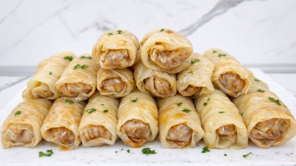 Side view of stacked sarma rolls placed one on top of another, showing the tight wrapping and shape of traditional stuffed sour cabbage rolls