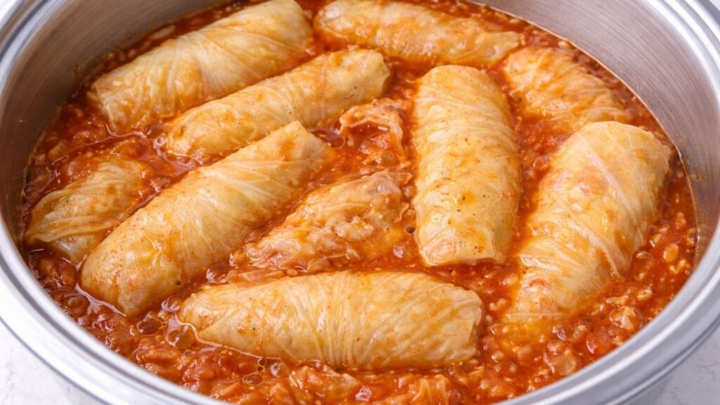 Cooked sarma in a pot, tender stuffed sour cabbage rolls simmered in a rich, flavorful sauce, traditional homemade Balkan dish