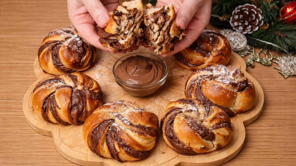 Chocolate swirl buns arranged in a circle on a wooden board with a bowl of chocolate spread in the center, while a hand holds a halved bun to show the soft, fluffy interior and chocolate swirls inside.