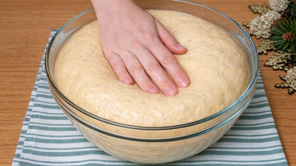 Doubled dough in a glass bowl after rising, soft, airy, and ready for shaping into chocolate swirl buns.