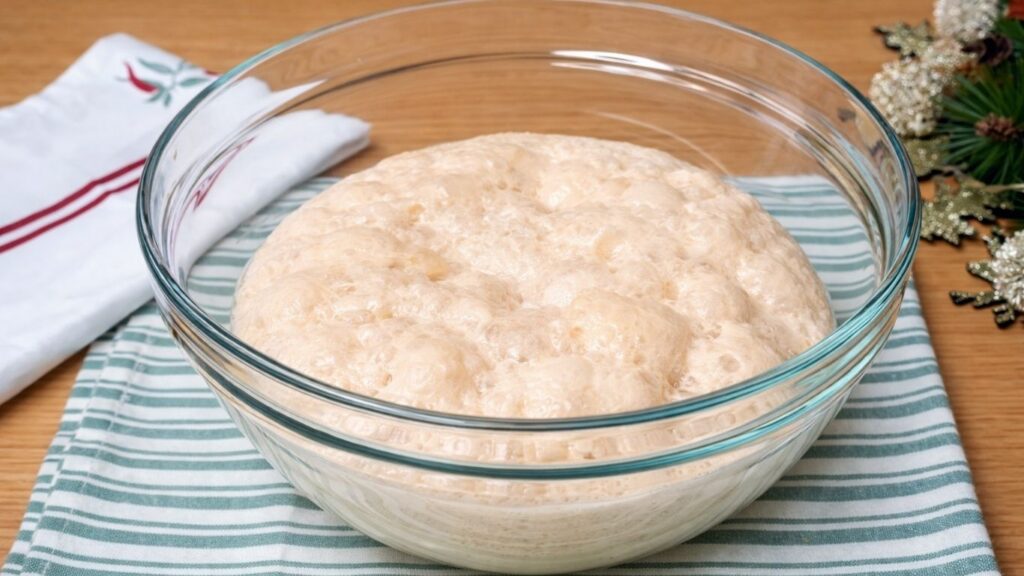 Glass bowl with activated yeast that has started to work, foamy and bubbly on the surface, ready to be mixed with the remaining ingredients.