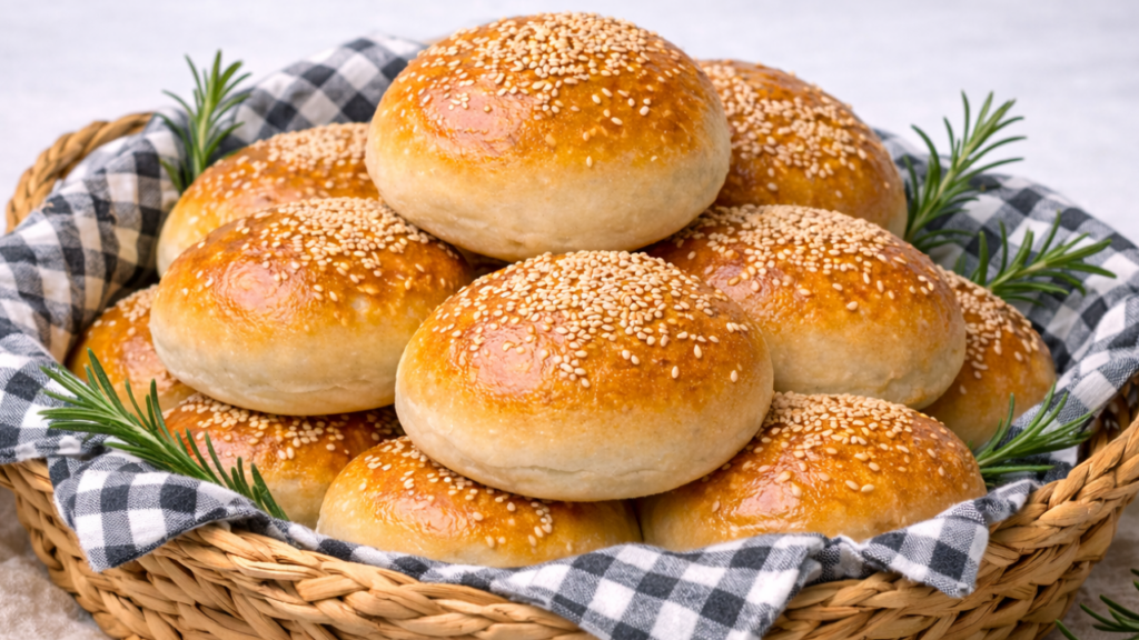 soft and fluffy burger buns with golden crust and sesame seeds in a basket