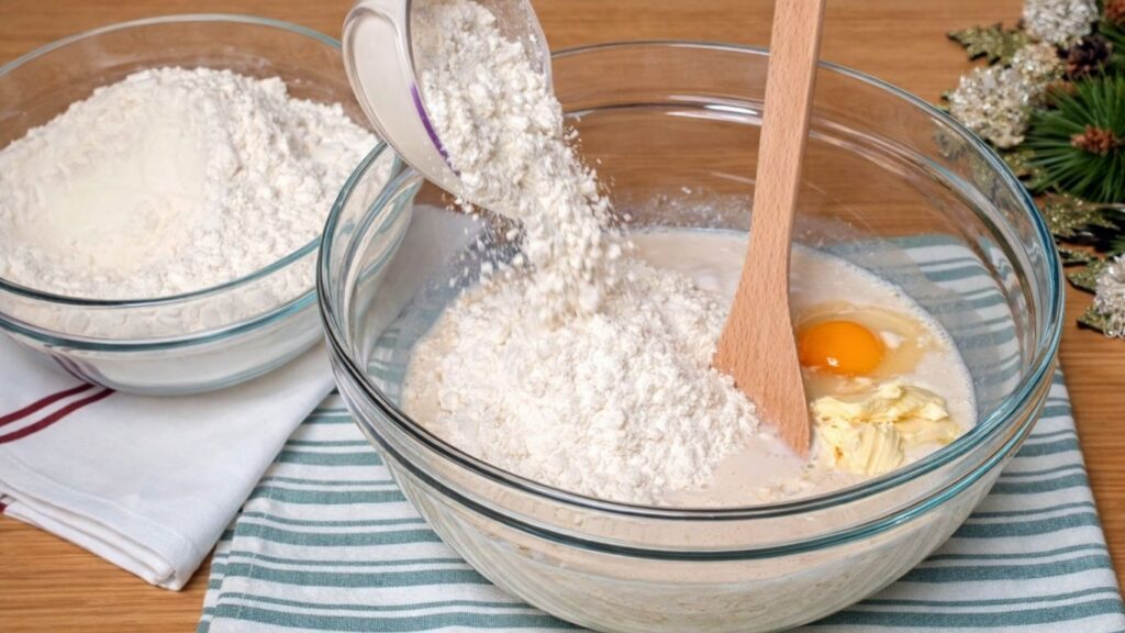 Pouring flour into a glass bowl with the wet ingredients to start forming the dough for soft and fluffy chocolate swirl buns.