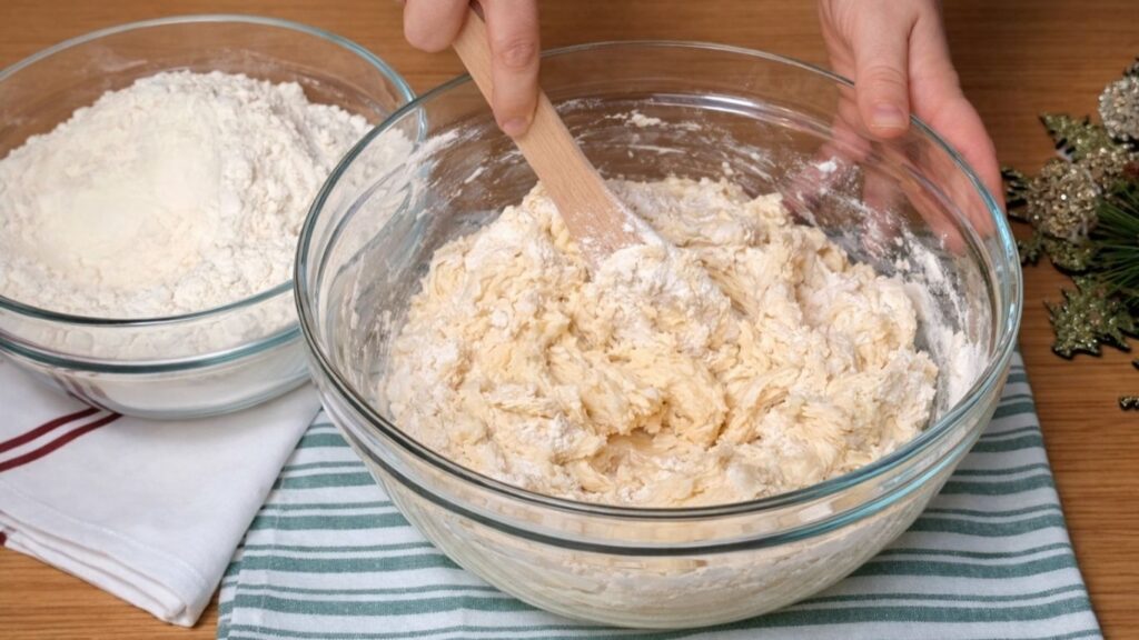 Mixing the dough with a wooden spoon in a glass bowl, combining the ingredients into a soft and slightly sticky dough for chocolate swirl buns.