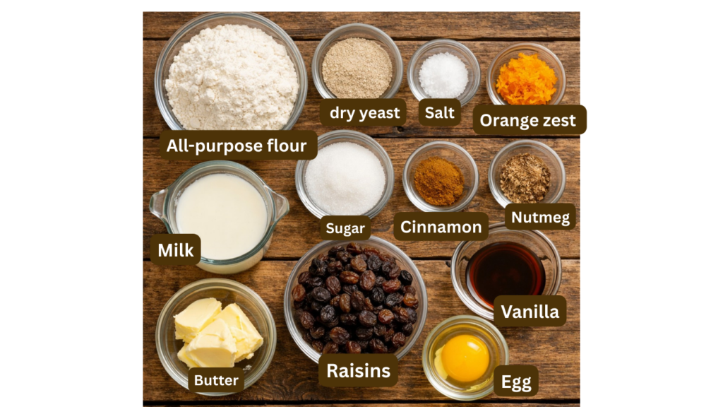 All ingredients for soft and fluffy hot cross buns arranged in small bowls including flour, milk, sugar, yeast, butter and spices
