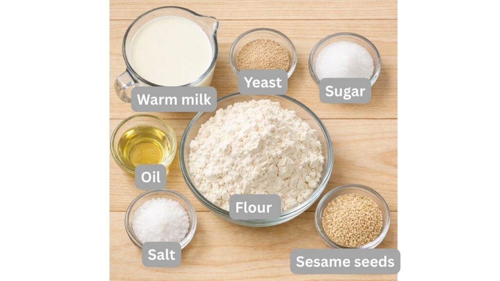 ingredients for burger buns measured in glass bowls on wooden table
