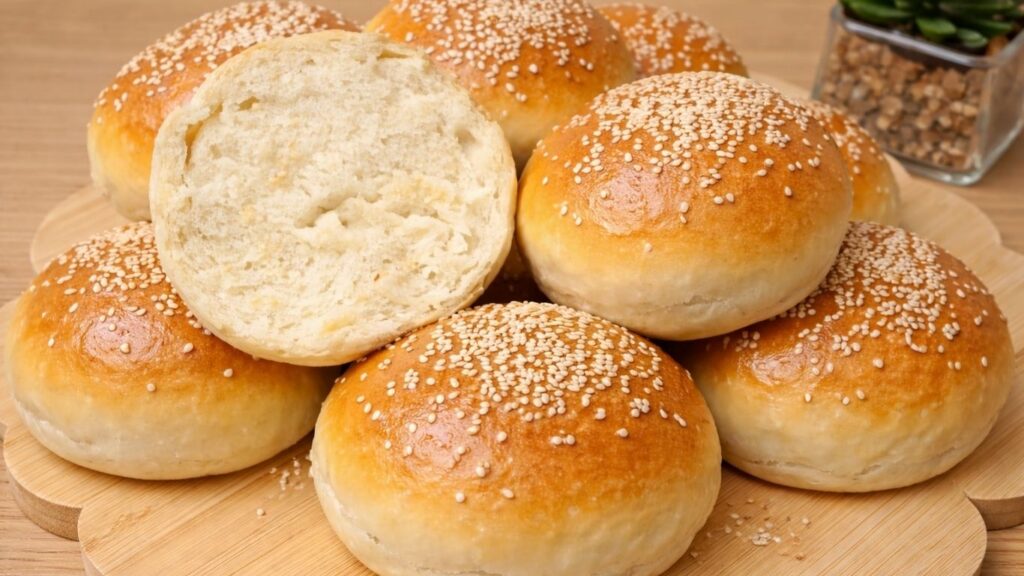 Stacked burger buns on a wooden board with one bun cut open, revealing the soft, fluffy and airy interior crumb of the freshly baked dough