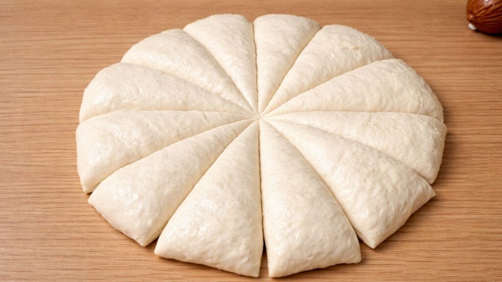  dough divided into 12 equal portions on a clean work surface, ready to be shaped into smooth burger buns