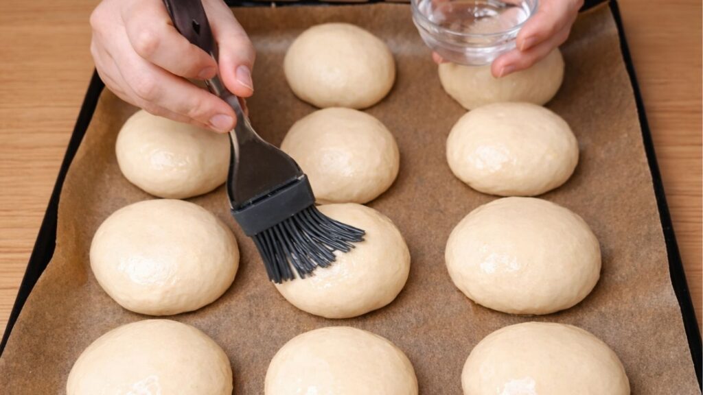Brushing the shaped dough balls with a light mixture of water and oil on a parchment-lined baking tray, helping keep the surface soft and creating a gentle shine before baking