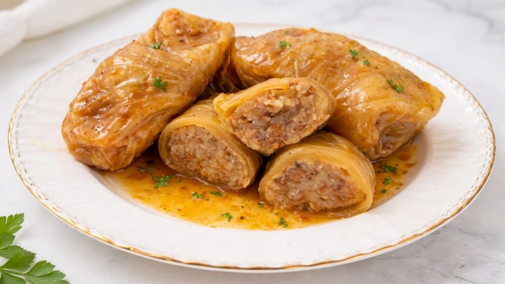 stuffed cabbage rolls sarma served on plate Balkan dish
