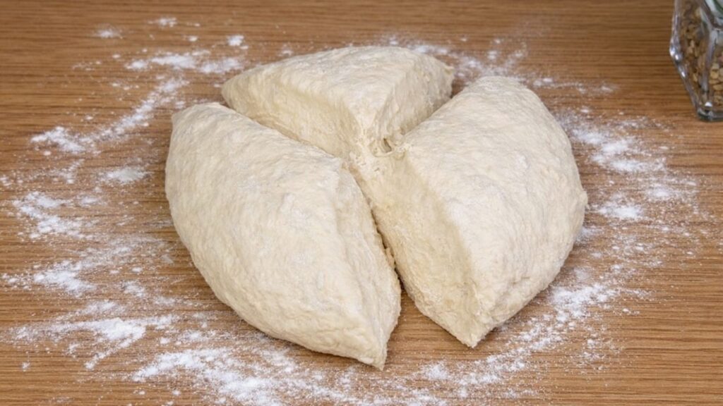 Dough divided into three equal portions on a clean work surface, ready to be colored and shaped into natural colored burger buns, simple and natural baking preparation scene