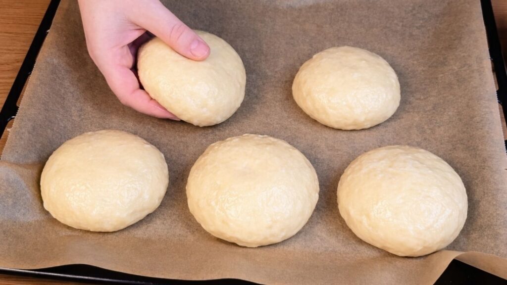 Arranging boiled pretzel buns on a baking tray lined with parchment paper, ready for topping and baking.