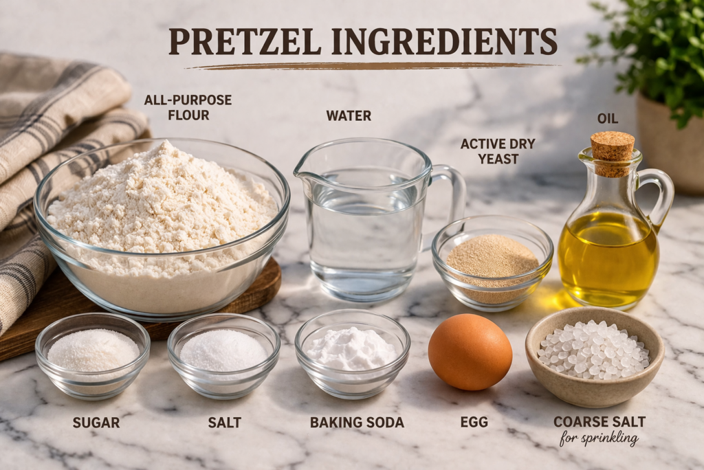 Ingredients for homemade pretzel recipe laid out on a table, including flour, yeast, oil, salt, and baking soda