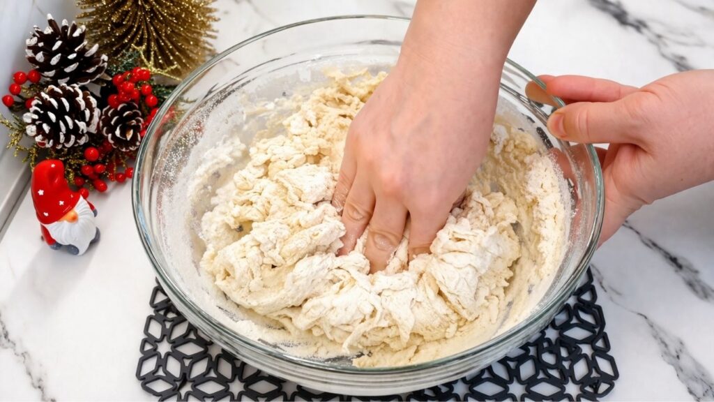 Kneading homemade pretzel dough by hand in a bowl until smooth and elastic.