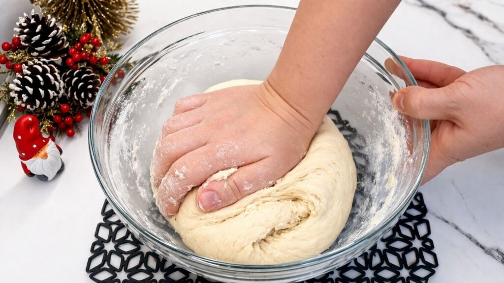 Kneading homemade pretzel dough by hand in a bowl until smooth and elastic.