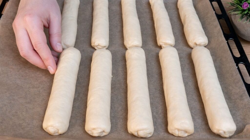 Placing shaped homemade hot dog buns onto a lined baking tray before baking.