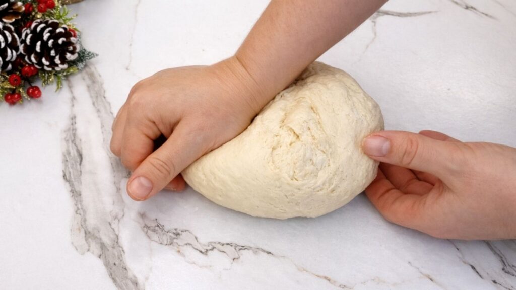 kneading soft dough on a clean work surface for homemade dinner rolls
