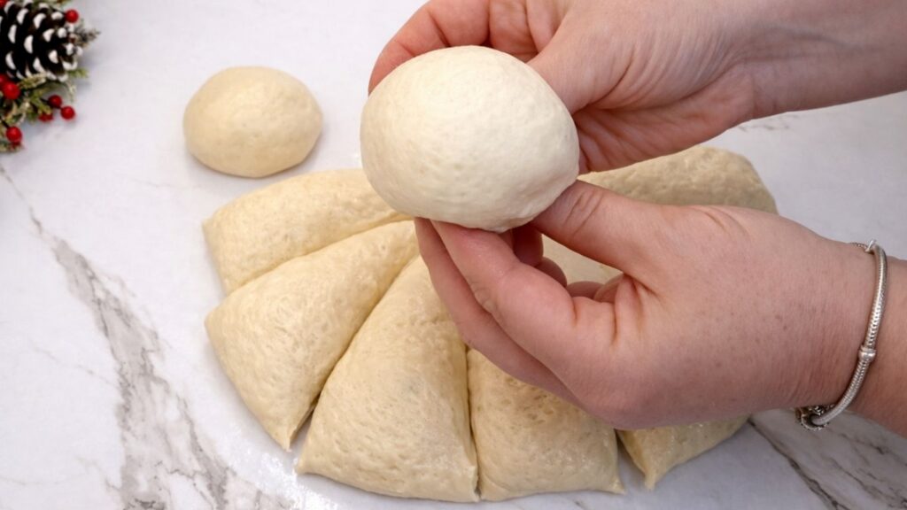 shaping dough into smooth balls and holding one shaped ball above the divided dough for homemade dinner rolls