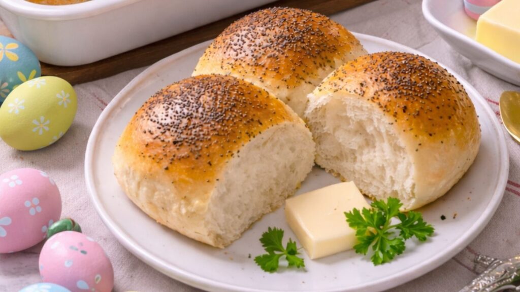 freshly baked dinner rolls served on a plate with poppy seeds on top