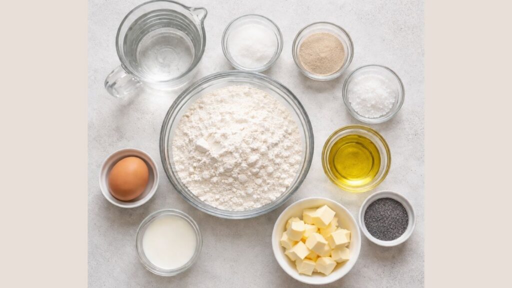 ingredients for homemade dinner rolls in glass bowls arranged neatly on the table