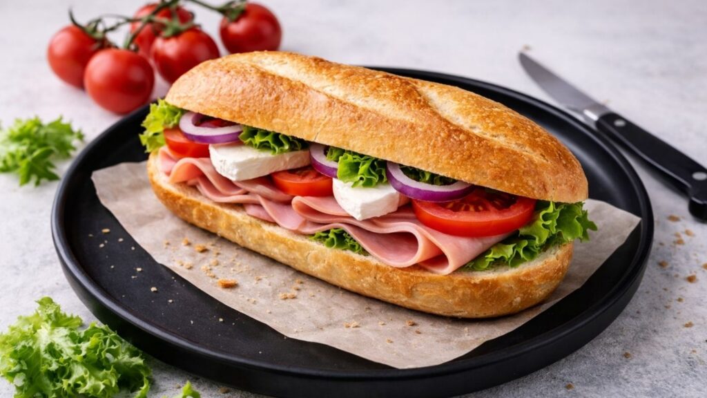 Homemade mini baguette sandwich with fresh vegetables