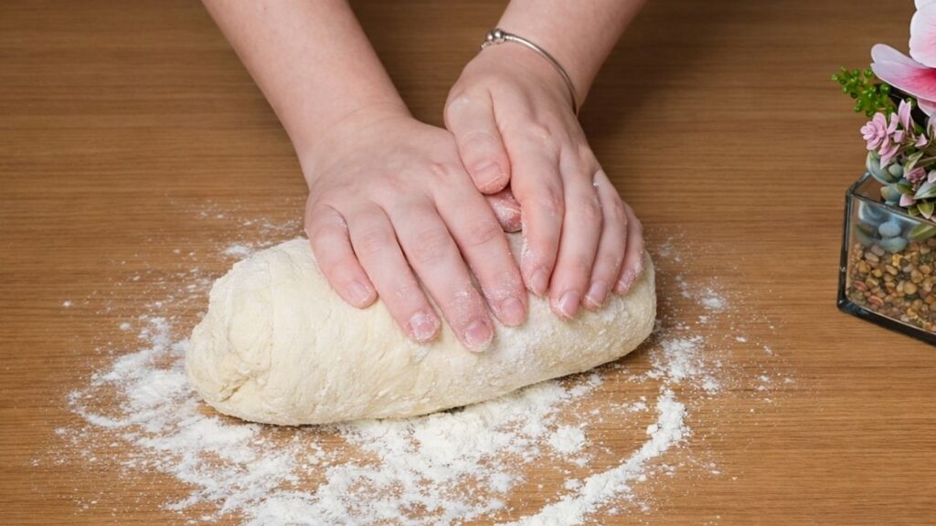 Kneading the dough on a work surface until it becomes smooth and elastic for the Easy Milk Buns Recipe.