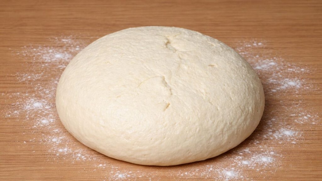 Risen dough on the work surface ready to be divided into equal pieces for shaping milk buns in this Easy Milk Buns Recipe.