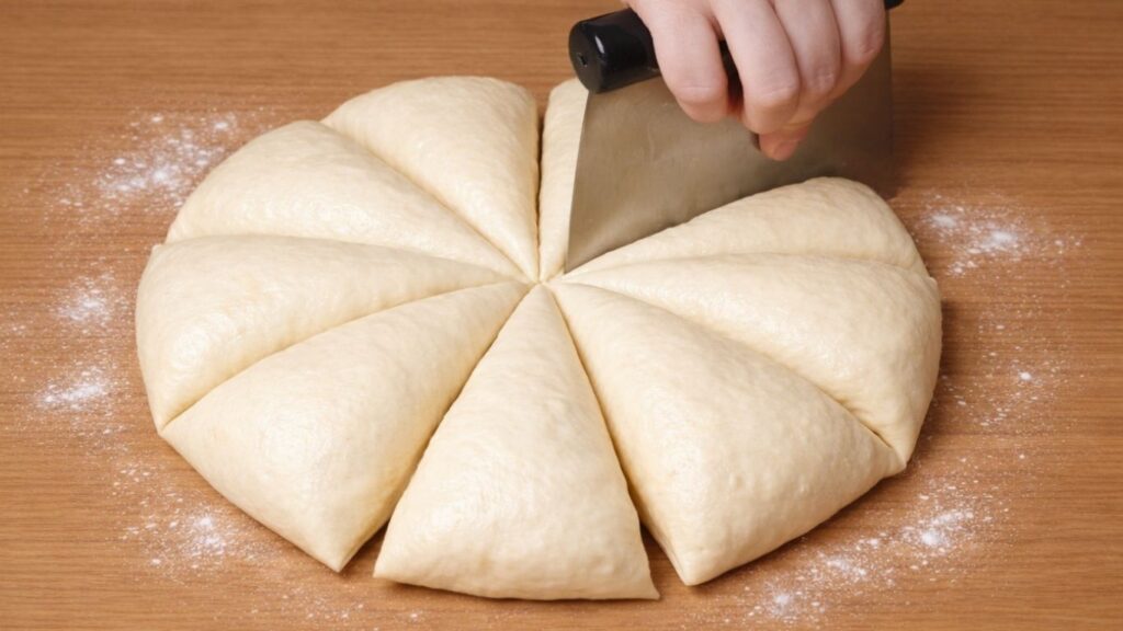 Dough divided into 12 equal pieces on the work surface, ready to shape the buns for this Easy Milk Buns Recipe.