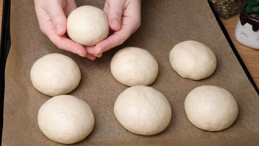 Placing the shaped dough balls into a baking tray, preparing the buns for the Easy Milk Buns Recipe.