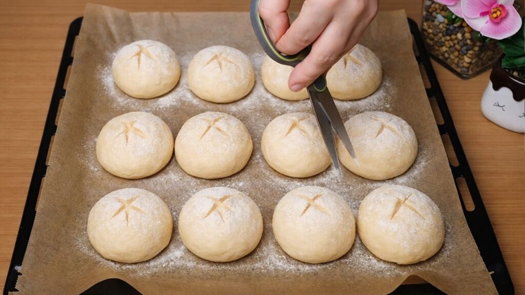 Shaped dough balls dusted with flour and cut with scissors on top to create cross marks before baking in this Easy Milk Buns Recipe.