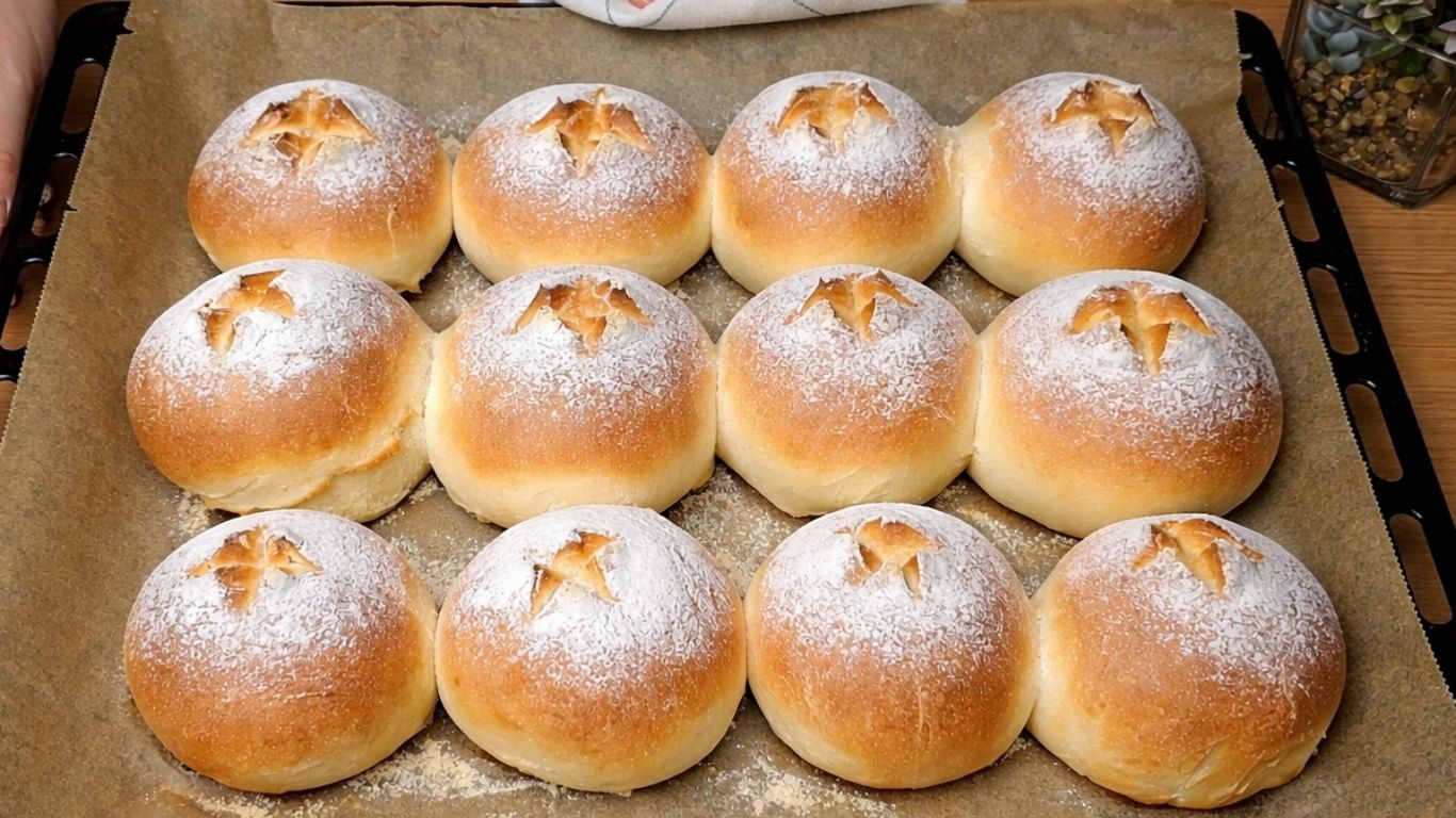 Soft and fluffy milk buns dusted with flour arranged in a rustic basket, golden brown homemade bread rolls with one bun cut open showing the soft airy crumb.