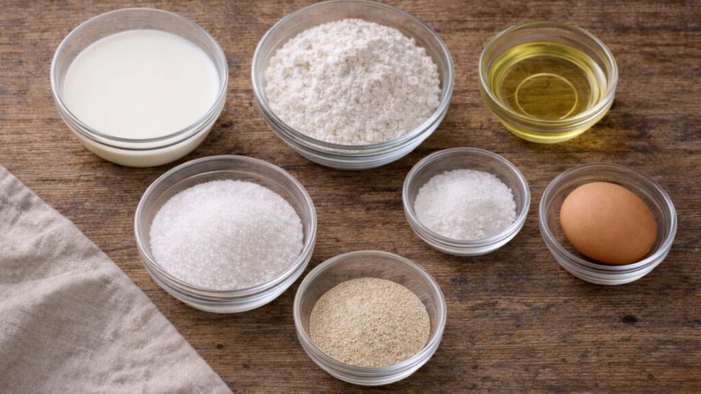 Ingredients for Easy Milk Buns Recipe arranged in glass bowls on the table including milk, flour, yeast, egg, sugar, salt and oil ready for baking.