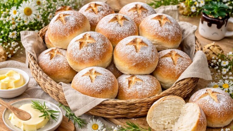 Soft and fluffy milk buns dusted with flour arranged in a rustic basket, golden brown homemade bread rolls with one bun cut open showing the soft airy crumb.