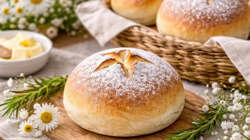 Soft and fluffy milk bun on a wooden board with a golden crust and light airy texture, freshly baked homemade bread from this Easy Milk Buns Recipe.