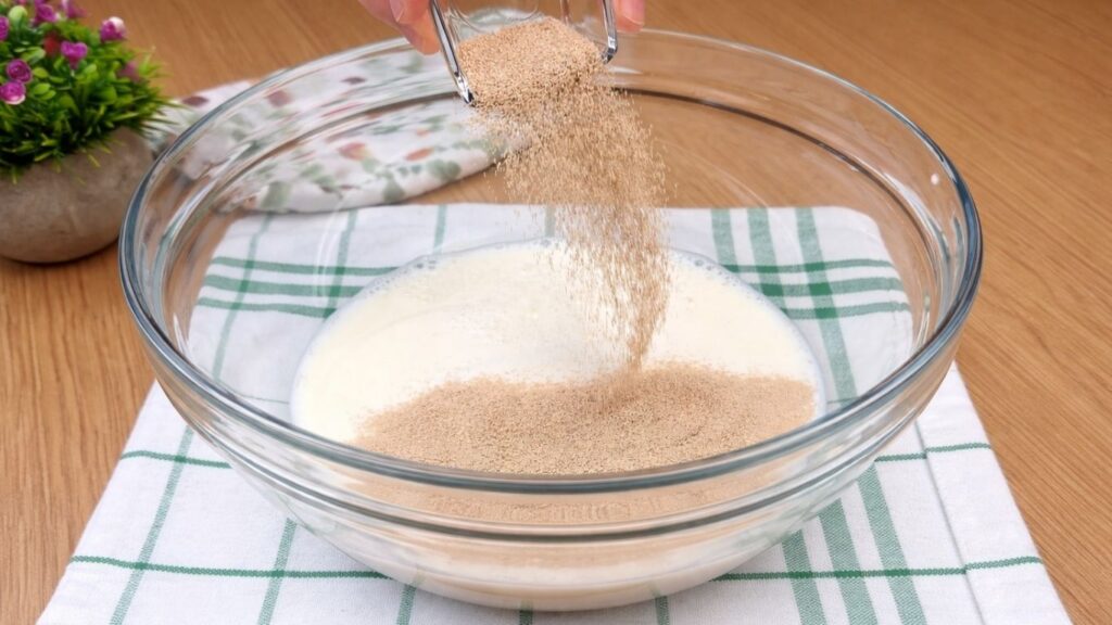 adding yeast to warm milk to activate the yeast for blueberry lemon roll dough