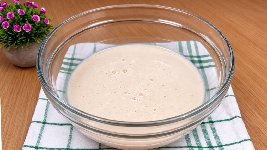activated yeast mixture in warm milk showing bubbles and foam ready for making blueberry lemon roll dough