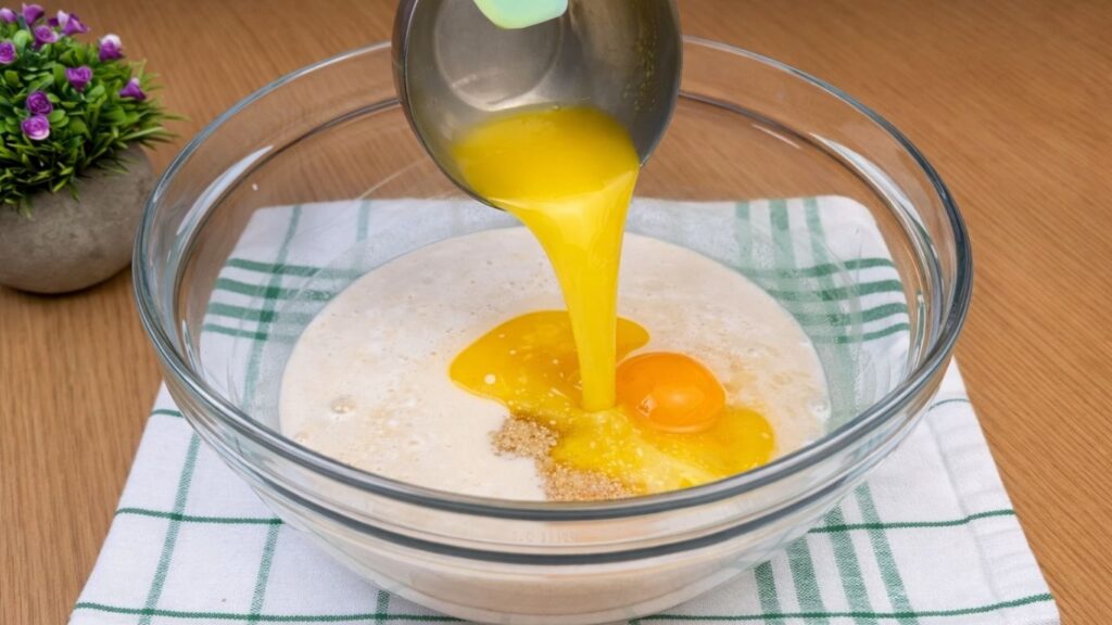 adding melted butter to the yeast mixture while preparing the dough for blueberry lemon rolls